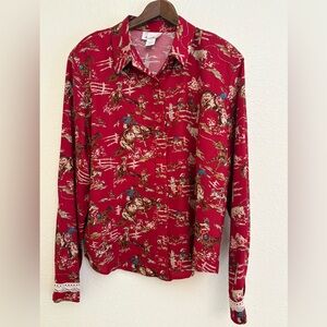Ranch Dressing Western Cowboy Print Button Shirt Rodeo Horses Red Blouse XL USA